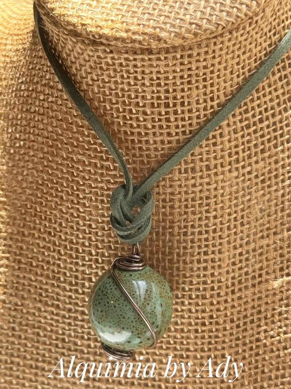 FALL Green Ceramic Orb Pendant on OLIVE Green Suede Cord